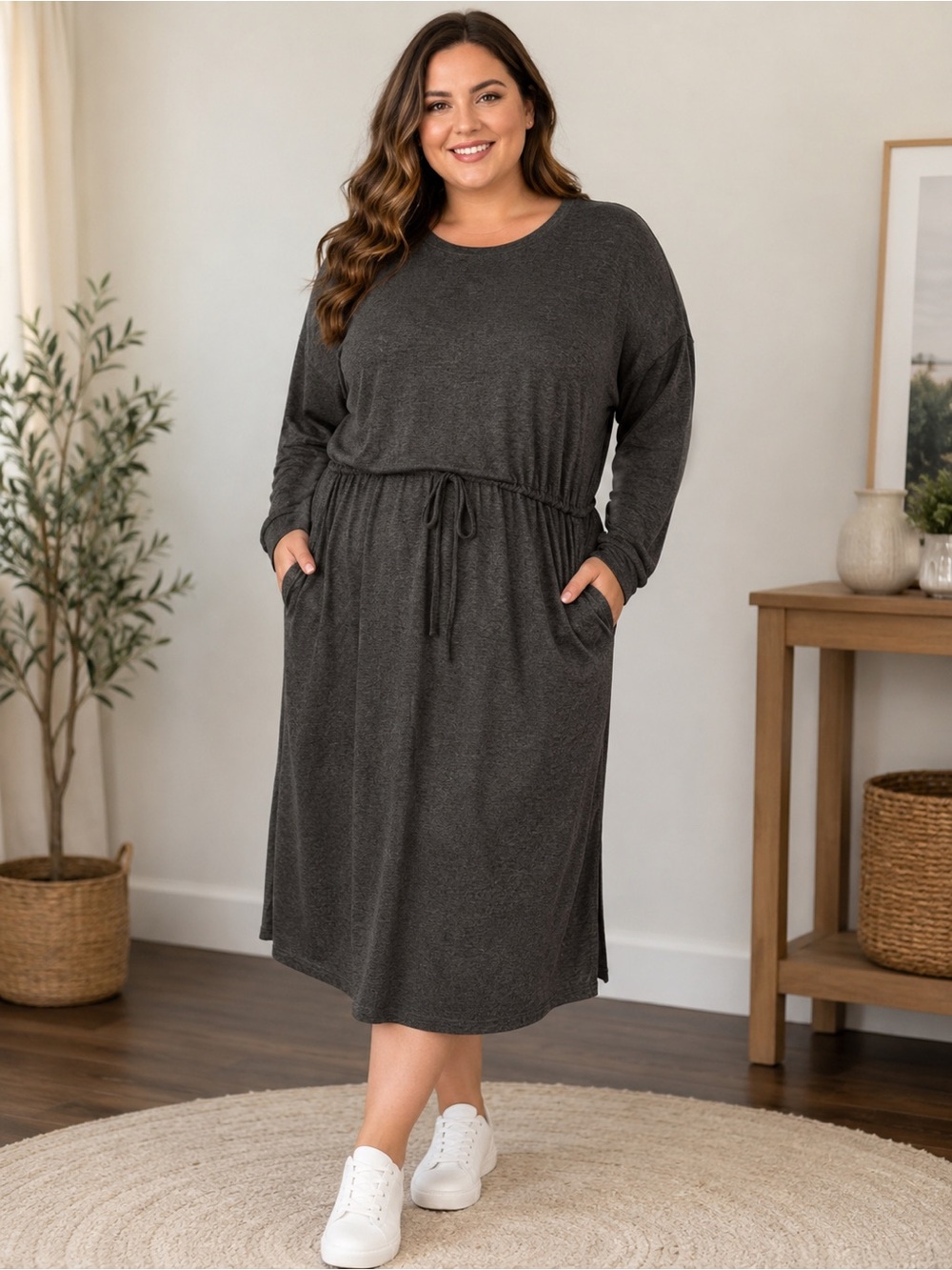 XL Casual Drawstring Long Sleeve Midi Dress - Charcoal- EUC- AS IS